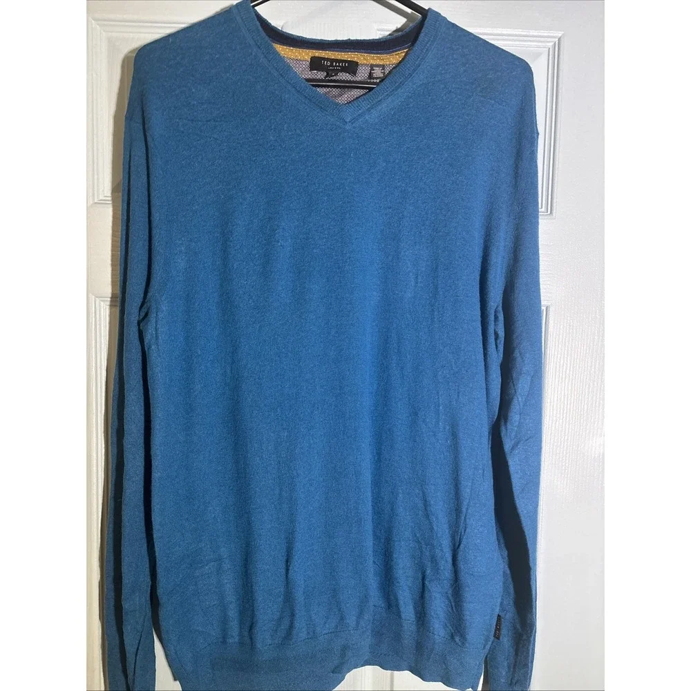 Ted Baker Sweater Men Size 6 XL Wool Blend Knit V-Neck Blue Classic Pullover